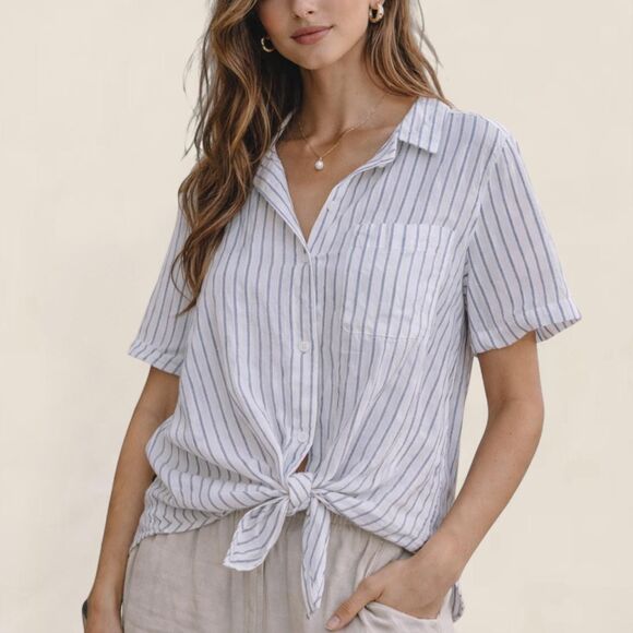 Equipment Tops - Equipment Kiera Striped Tie Front Button Down top | large Coastal Minimalist